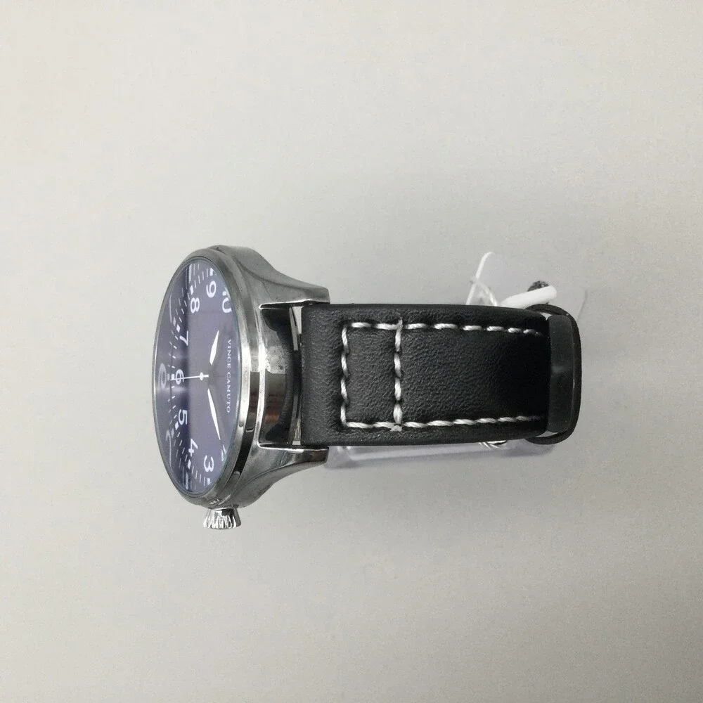 Vince Camuto Mens Watch 42mm Blue Dial Black Leather Stainless New Battery